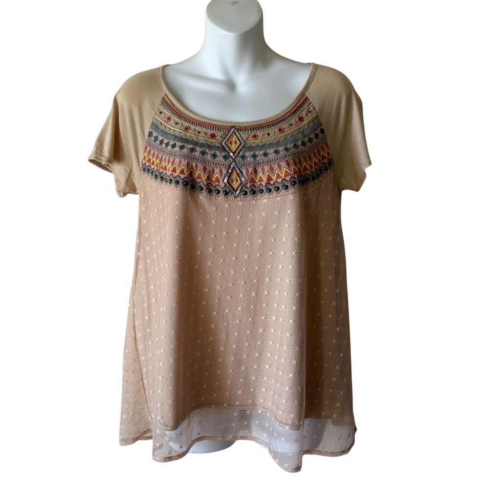 Lilka Anthropologie beige mesh overlay embroidered beaded top size S